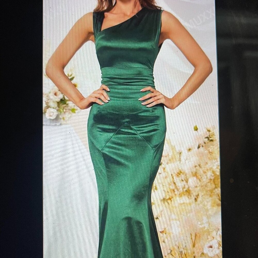 Asymmetrical Neck Satin Formal Dress Elegant Prom Evening Wedding - XL